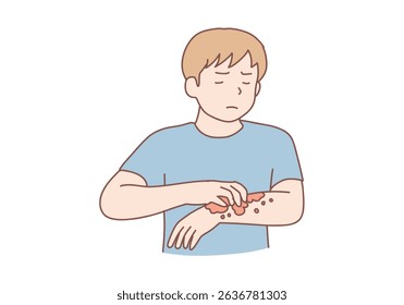 Skin allergy, Dermatitis, eczema concept. Annoyed young man scratching itch on his arm feeling unhappy and uncomfortable. Hand drawn style vector design illustrations.