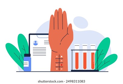 Skin allergy test concept. Patient hand with tiny incisions for allergy testing. Allergic reaction. Laboratory equipment for allergy diagnosis. Isolated vector illustration in cartoon style
