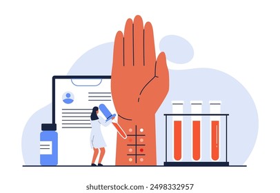 Skin allergy test concept. Tiny doctor allergist holding pipette to drop on human arm. Allergic reaction. Laboratory equipment for allergy diagnosis. Isolated vector illustration in cartoon style