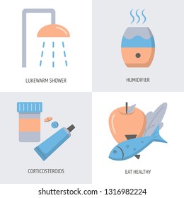 Skin allergy treatment icon set in flat style