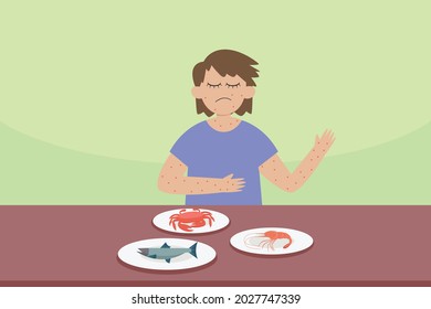 Skin allergy vector concept: Young woman suffering skin allergy of sea foods while sitting with sea foods