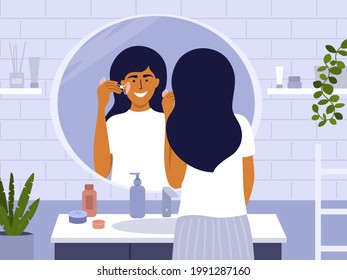 Skin, body or beauty care, facial massage by face roller. Daily morning routine of woman, relax, healthy habit. Happy female standing in front of bathroom mirror making massage. Vector illustration