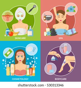 Skin and body cosmetology 2x2 design concept set with spa skincare and bodycare flat symbols vector illustration   