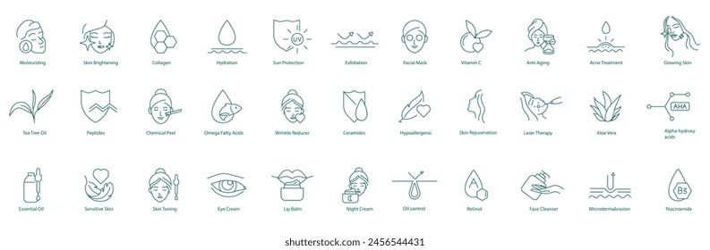 Skin Brightening, Collagen, Hydration, Sun Protection, Exfoliation, Facial Mask, Vitamin C, Anti-Aging, Acne Treatment, Tea Tree Oil, Peptide, Chemical Peeling etc Vector Icons Set