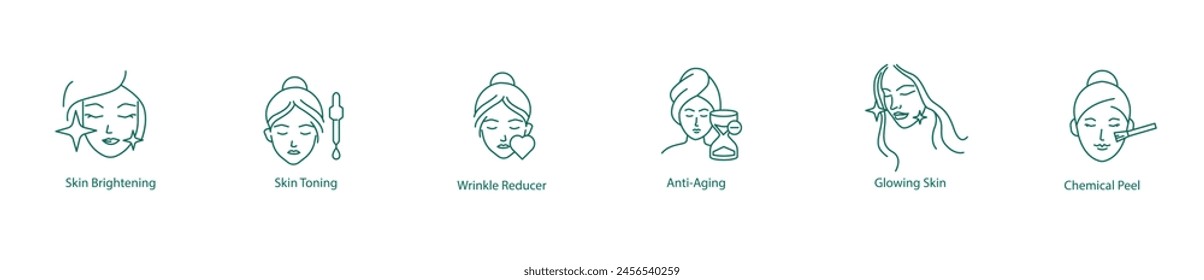 Skin Brightening, Skin Toning, Wrinkle Reduction, Anti-Aging, Glowing Skin, Chemical Peeling Vector Icons Collection