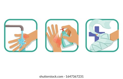 Skin Burn Injury Treatment Set, Treating Hand Injury With Water, Antiseptic, Bandaging, Brochure, Poster Infographic Element Vector Illustration