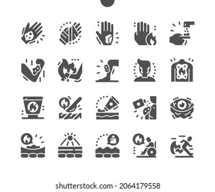 Skin Burns. Health care, medical and medicine. Bandaged hand. Skin burn spray. Sunburn skin. Ointment for burns. Vector Solid Icons. Simple Pictogram