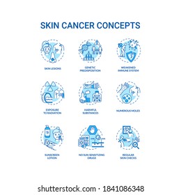 Skin cancer concept icons set. Genetic predisposition. Numerous moles. Weakened immune system. Melanoma idea thin line RGB color illustrations. Vector isolated outline drawings