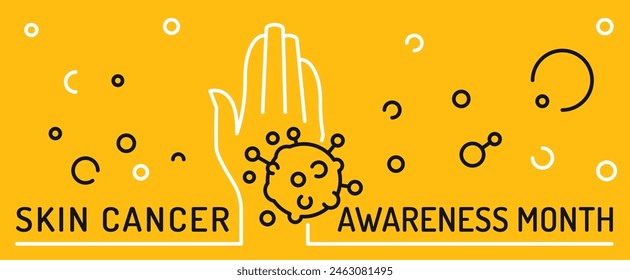 Skin cancer, malignant melanoma landscape poster in outline style. Medical linear banner. Basal cell carcinoma awareness month in may. Editable vector illustration isolated on a yellow background