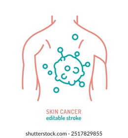 Câncer de pele, melanoma maligno ícone do contorno. Sinal oncológico. Pictograma linear médico. Carcinoma basocelular. Malignidade cutânea. Ilustração vetorial editável isolada no plano de fundo branco