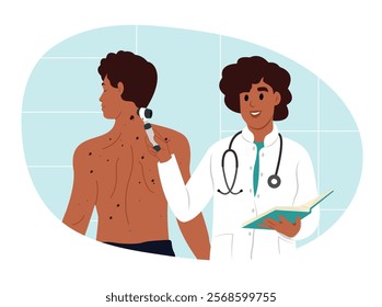 Skin cancer and melanoma awareness month. Health problem, skin diseases. Diagnosis of skin cancer. The doctor examines the patient's skin diseases using a dermoscope. Vector illustration