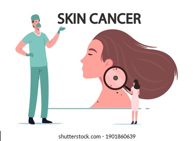 Skin Cancer Melanoma Dermatology Problem Concept. Tiny Doctor Oncologist Character Examine Woman Mole With Huge Magnifier Surgeon Awareness In Hospital, Health Care. Cartoon People Vector Illustration