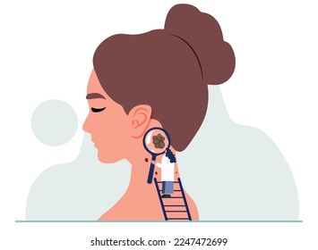 Skin Cancer Melanoma Dermatology Problem Concept. Tiny Doctor Oncologist Character Examine Woman Mole with Huge Magnifier Surgeon Awareness in Hospital, Health Care. Cartoon People Vector