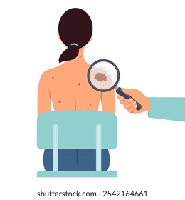 Câncer de pele Melanoma Dermatologia Problem Concept.Checking toupeiras, marcas de nascença sob lupa. Ilustração vetorial 