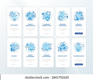 Skin cancer onboarding mobile app page screen with concepts set. Exposure to radiation. Sunny climate. Walkthrough 5 steps graphic instructions. UI vector template with RGB color illustrations