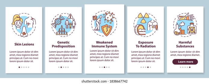 Skin cancer risk factors onboarding mobile app page screen with concepts. Weakened immune system. Skin lesion. Walkthrough 5 steps graphic instructions. UI vector template with RGB color illustrations