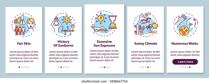 Skin cancer risk factors onboarding mobile app page screen with concepts. Numerous moles. Sunny climate. Walkthrough 5 steps graphic instructions. UI vector template with RGB color illustrations