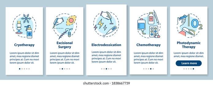 Skin cancer treatment onboarding mobile app page screen with concepts. Chemotherapy. Electrodessication. Walkthrough 5 steps graphic instructions. UI vector template with RGB color illustrations