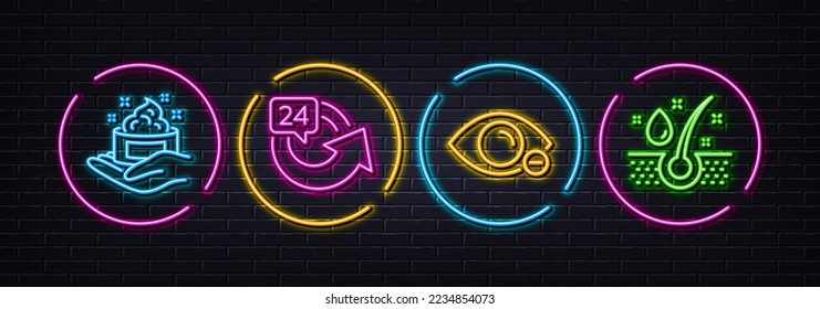 Skin care, 24 hours and Myopia minimal line icons. Neon laser 3d lights. Serum oil icons. For web, application, printing. Hand cream, Repeat, Eye vision. Healthy hairs. Neon lights buttons. Vector