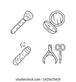 Skin care accessories linear icons set. Feminine makeup attributes thin line contour symbols. Beauty salon products isolated vector outline illustrations. Editable stroke. Cosmetic brush, body spray