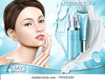Skin care ads, attractive model with blue moisture cosmetic set, splashing cream and liquid texture in 3d illustration Skin care ads, attractive model with blue moisture cosmetic set, splashing cream and liquid texture in 3d illustration