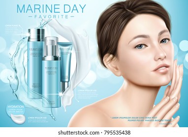 Skin care ads, attractive model with blue moisture cosmetic set, splashing cream and liquid texture in 3d illustration Skin care ads, attractive model with blue moisture cosmetic set, splashing cream and liquid texture in 3d illustration