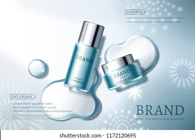 Skin care ads with blue containers on elegant background in 3d illustration, water dew and snowflakes elements