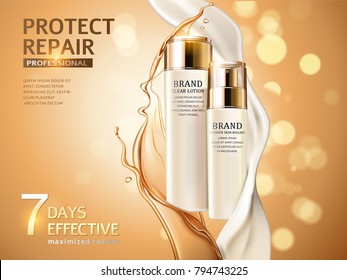 Skin care ads, combination of oil and cream in 3d illustration, cosmetic bottles isolated on glitter bokeh background