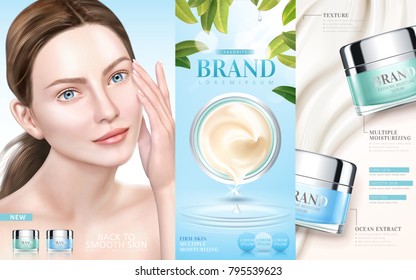 Skin care ads, moisturizing cream serum with an elegant model in 3d illustration Skin care ads, moisturizing cream serum with an elegant model in 3d illustration