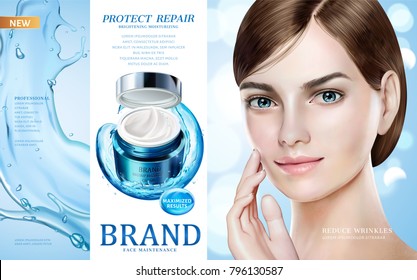 Skin care ads, pretty model in short hair with moisture cream jar and splashing water in 3d illustration, design for ad or magazine