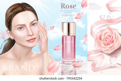 Skin care ads, rose essence with pink rose petals flying everywhere isolated on blue sky with an elegant model in 3d illustration