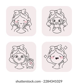 Skin Care and Applying Cosmetic Sheet Mask Icons Set. Use Facial Beauty Mask. Cute Cartoon Young Woman Making Skincare procedures. Spa and Hygiene concept icons. Isolated outline design beauty icons.