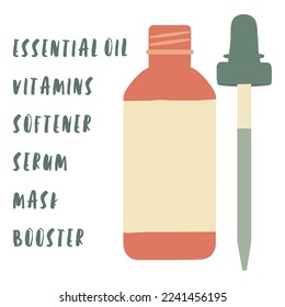 Skin care, aromatherapy or medicine isolated objects: bottle with dropper. Hand-drawn cosmetic product pack with lettering for serum, essential oil, liquid medicine, vitamins. Flat vector illustration