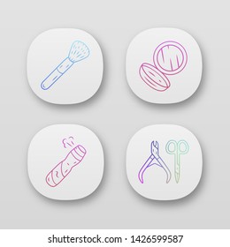 Skin care attributes app icons set. UI/UX user interface. Makeup accessories, feminine hygiene. Web or mobile applications. Vector isolated illustrations. Scissors, cosmetic brush, mirror, body spray