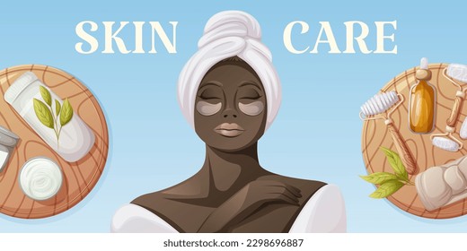 Skin care banner. African American woman in a white bathrobe and towel. Eye patches. Round wooden stand with gua sha tools, headband, oil serum and cream. Concept of self-care. Vector illustration