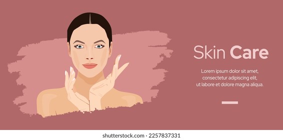 Skin Care banner design, Beautiful young woman for skin care cosmetic product. Woman face Illustration. Beautiful women face vector concept for derma products illustration.