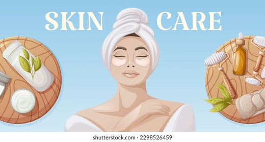 Skin care banner. European woman in a white bathrobe and towel. Eye patches. Round wooden stand with gua sha tools, headband, oil serum and cream. Concept of self-care. Vector illustration
