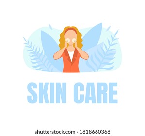 Skin Care Banner Template, Attractive Young Woman Caring for Her Face and Skin Vector Illustration