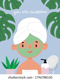 Skin care - beautiful young woman in spa. Cartoon girl and beauty face mask.