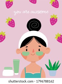 Skin care - beautiful young woman in spa. Cartoon girl and beauty face mask.