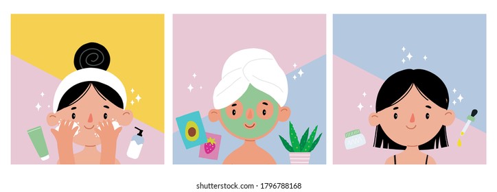 Skin care - beautiful young woman in spa. Cartoon girl and beauty face mask.