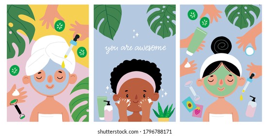 Skin care - beautiful young woman in spa. Cartoon girl and beauty face mask.