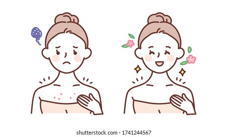 Skin care, beauty concept illustration. A woman with acne on her chest is crying.