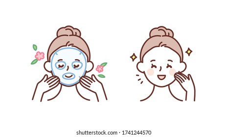 Atención de la piel, ilustración de concepto de belleza. Mujer cuidando la piel usando un paquete de máscaras.