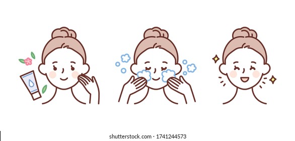 Skin care, beauty concept illustration. The woman washes her face using foam cleansing.