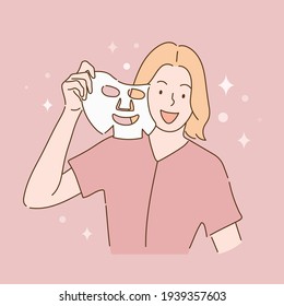 Skin care, beauty concept illustration. Woman applying facial mask skin care routine. Line style vector illustration isolated 