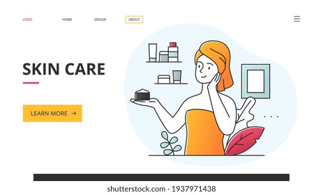 Skin care and beauty concept with woman using cosmetics applying a cream to her face, outlined colored flat cartoon vector illustration website landing page template