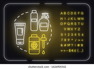 Skin care, beauty neon light concept icon. Cleansing or moisturizing cosmetic products, cosmetology idea. Outer glowing sign with alphabet, numbers and symbols. Vector isolated RGB color illustration