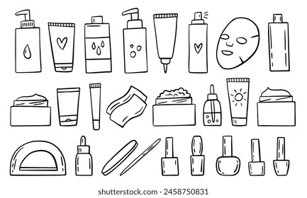 Skin care, beauty products, cosmetics icons set. Hand-drawn vector bottles and tubes.