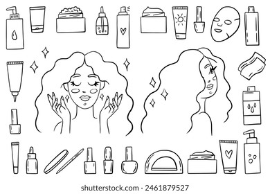 Cuidado de la piel, productos de belleza, conjunto de iconos de cosméticos. Botellas y tubos de Vector hechos a mano. Doodles de rutina de belleza femenina. Ilustración vectorial del cuidado de la piel y el cabello. Línea de arte de dibujos animados niñas retratos